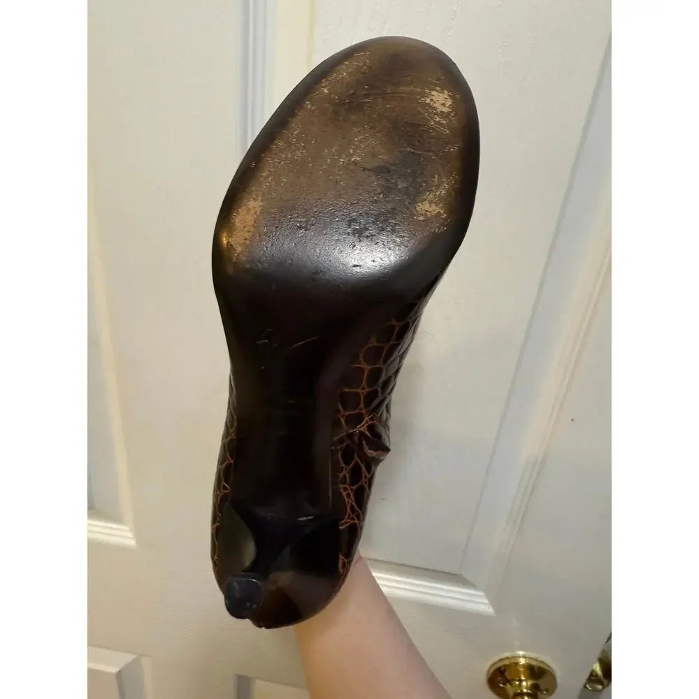 Giuseppe‎ Zanotti Croc Embossed Leather Bootie Boots Brown Italian Size 39 Heel